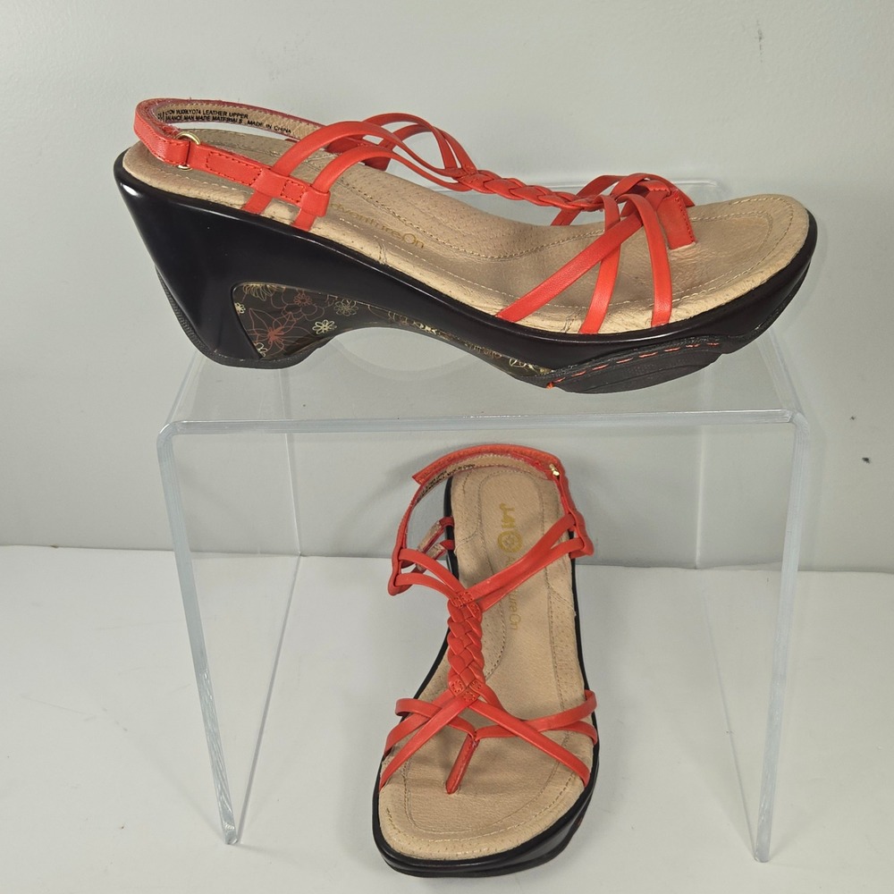 J-41 Adventure On Lyon Red Leather Strappy Wedge Sandals Floral Heel Womens 6M